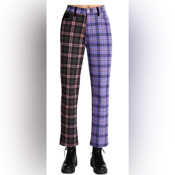MADDEN GIRL purple Mixed-Plaid beetlejuiceStraight-Leg Dad Jeans size 28 new - Picture 1 of 4